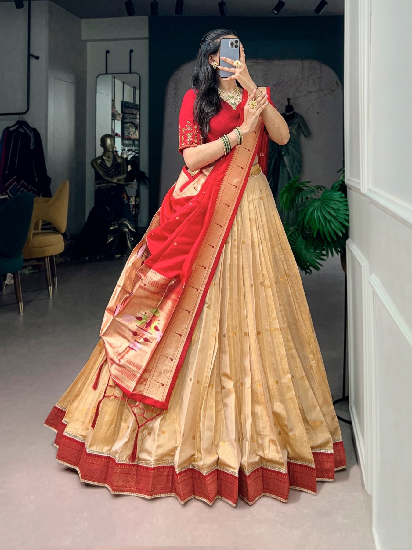 Kanchipuram Silk Paithani Lehenga with Zari Weaving and Banglory Blouse detailed view