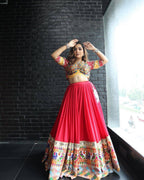 Red Heavy Muslin Cotton Navratri Lehenga Choli with Real Mirror Work full drape view