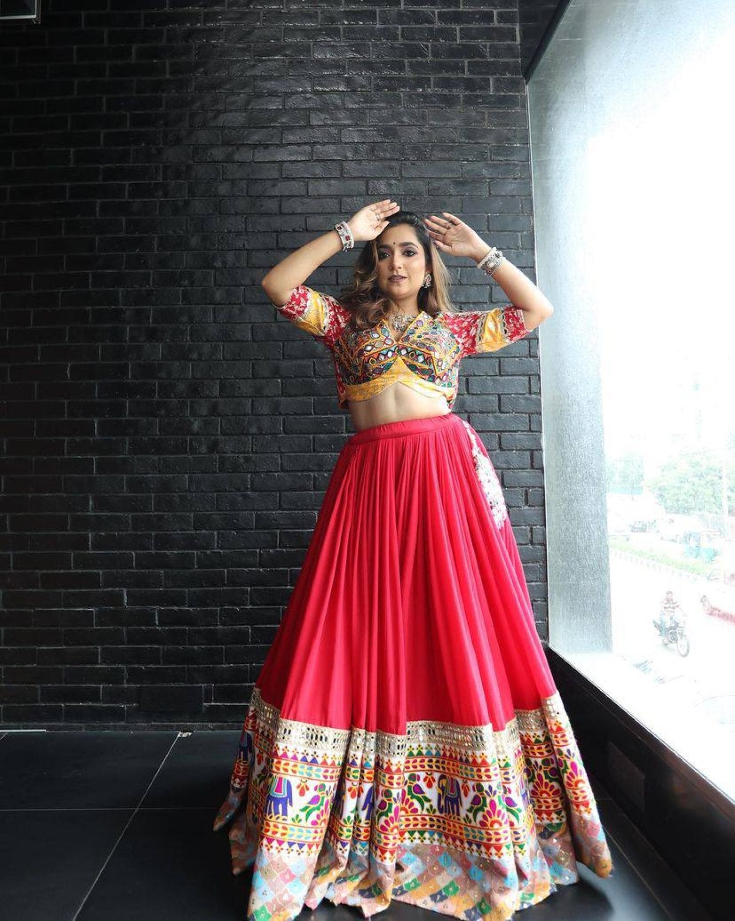 Red Heavy Muslin Cotton Navratri Lehenga Choli with Real Mirror Work full drape view