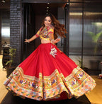 Red Heavy Muslin Cotton Navratri Lehenga Choli with Real Mirror Work blouse and dupatta detail