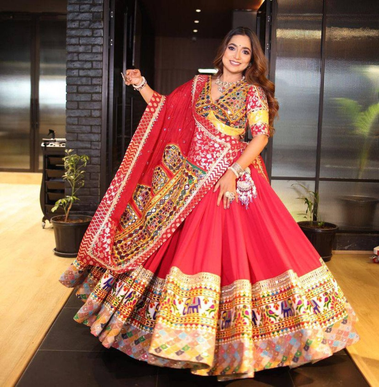 Red Heavy Muslin Cotton Navratri Lehenga Choli with Real Mirror Work embroidery close-up