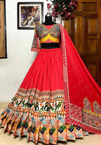 Red Heavy Muslin Cotton Navratri Lehenga Choli with Real Mirror Work fabric texture detail