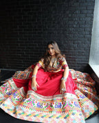 Red Heavy Muslin Cotton Navratri Lehenga Choli with Real Mirror Work styling view
