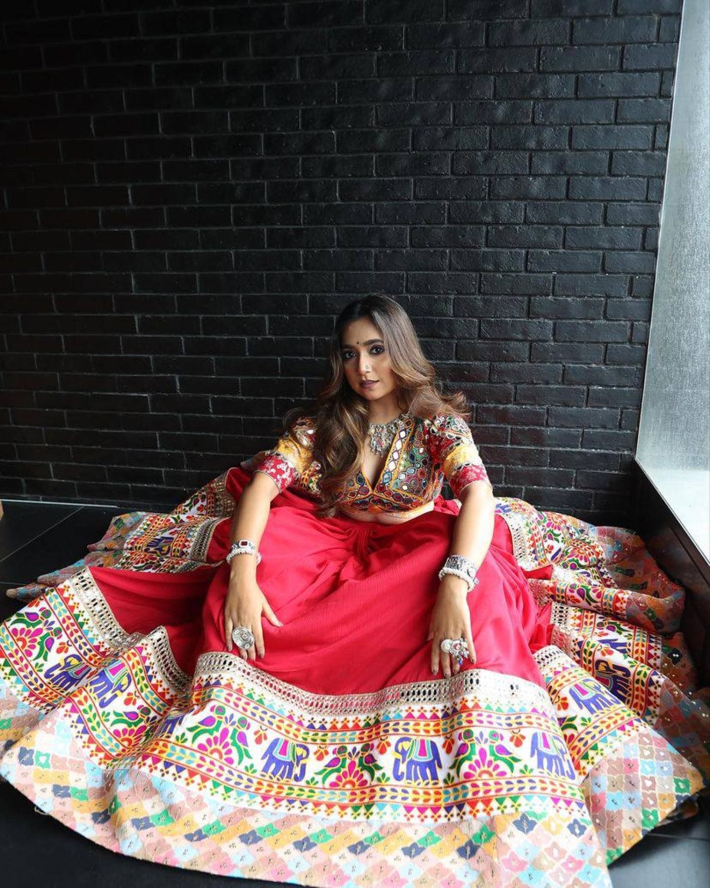 Red Heavy Muslin Cotton Navratri Lehenga Choli with Real Mirror Work styling view