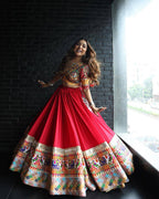 Red Heavy Muslin Cotton Navratri Lehenga Choli with Real Mirror Work front view
