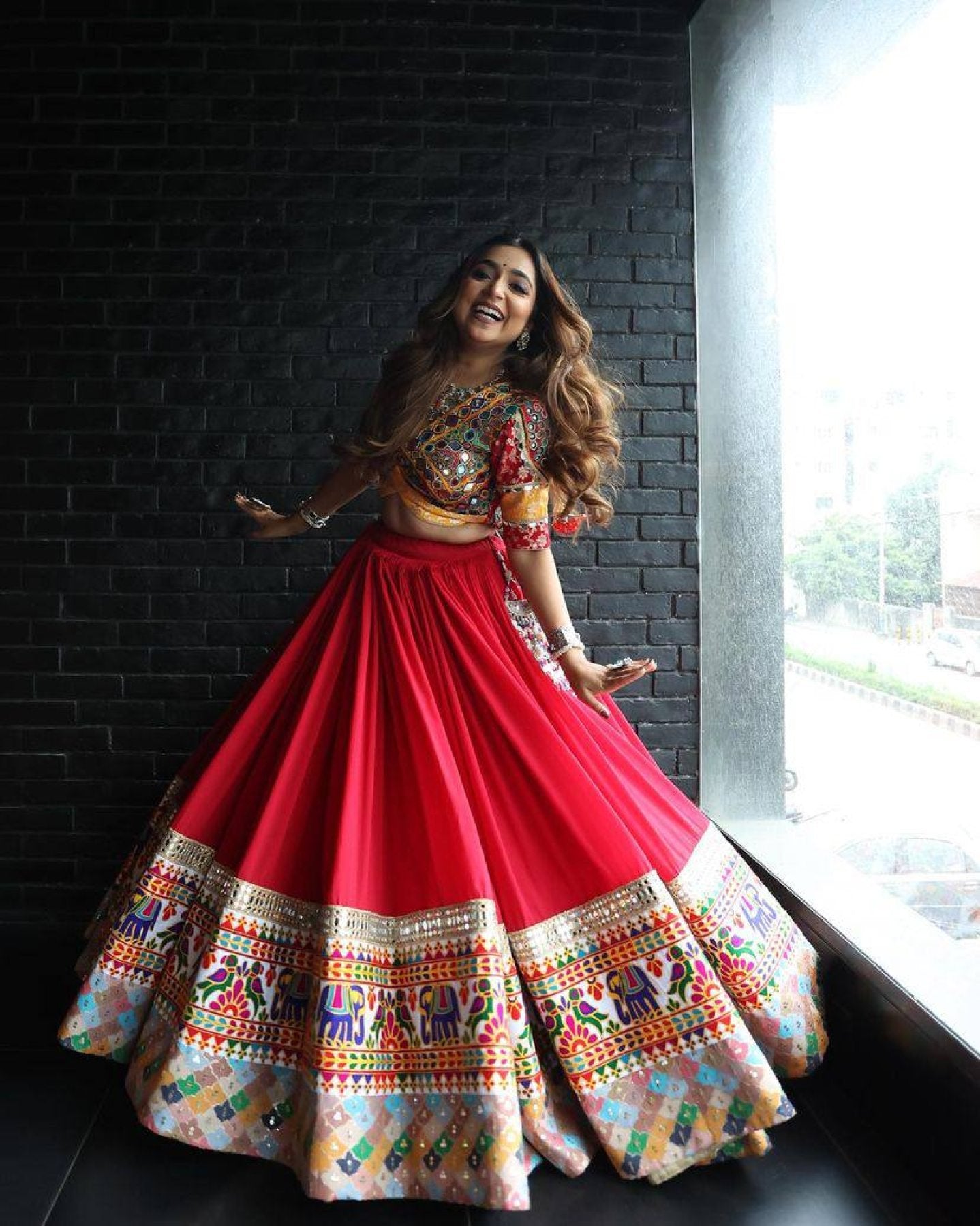 Red Heavy Muslin Cotton Navratri Lehenga Choli with Real Mirror Work front view