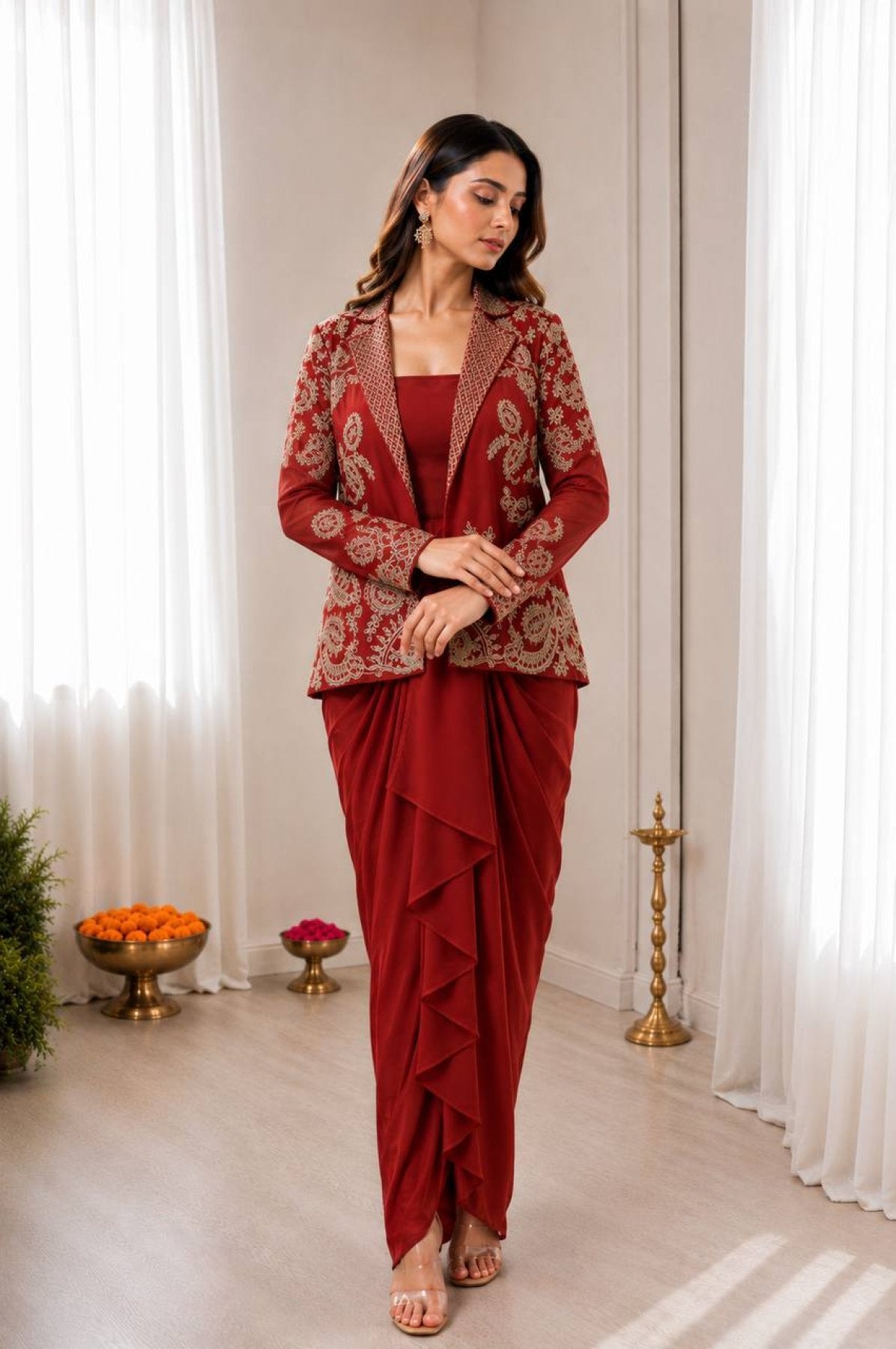 Red Silk Lehenga - side drape view