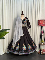 Black Roman Silk Lehenga Choli with Sequins and Foil Mirror Embroidery full drape view