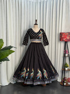 Black Roman Silk Lehenga Choli with Sequins and Foil Mirror Embroidery blouse and dupatta detail