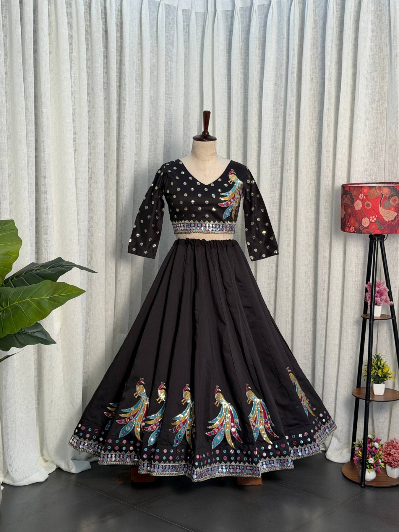 Black Roman Silk Lehenga Choli with Sequins and Foil Mirror Embroidery blouse and dupatta detail