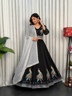 Black Roman Silk Lehenga Choli with Sequins and Foil Mirror Embroidery blouse and dupatta detail