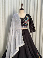 Black Roman Silk Lehenga Choli with Sequins and Foil Mirror Embroidery detailed view