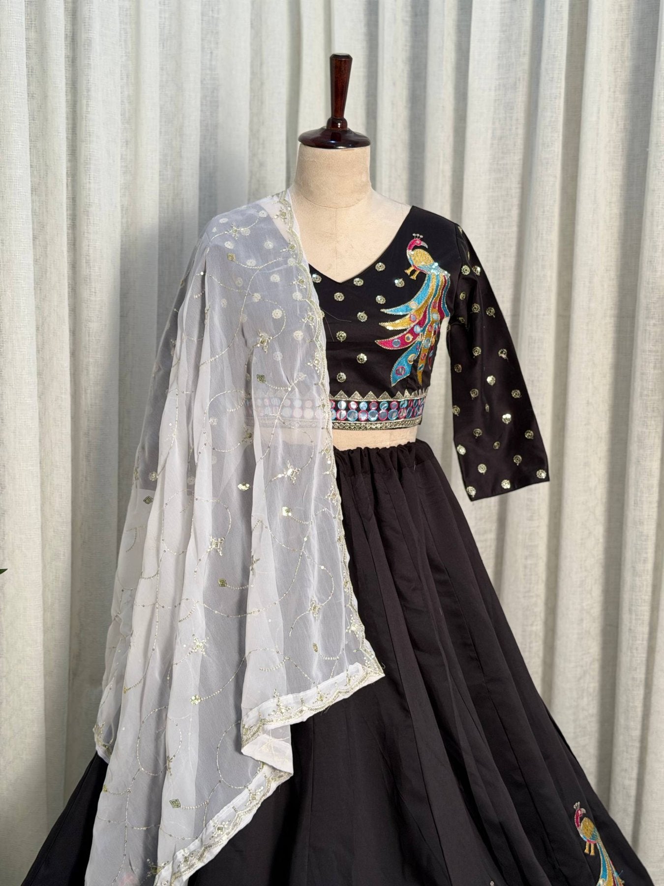 Black Roman Silk Lehenga Choli with Sequins and Foil Mirror Embroidery detailed view