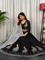 Black Roman Silk Lehenga Choli with Sequins and Foil Mirror Embroidery fabric texture detail