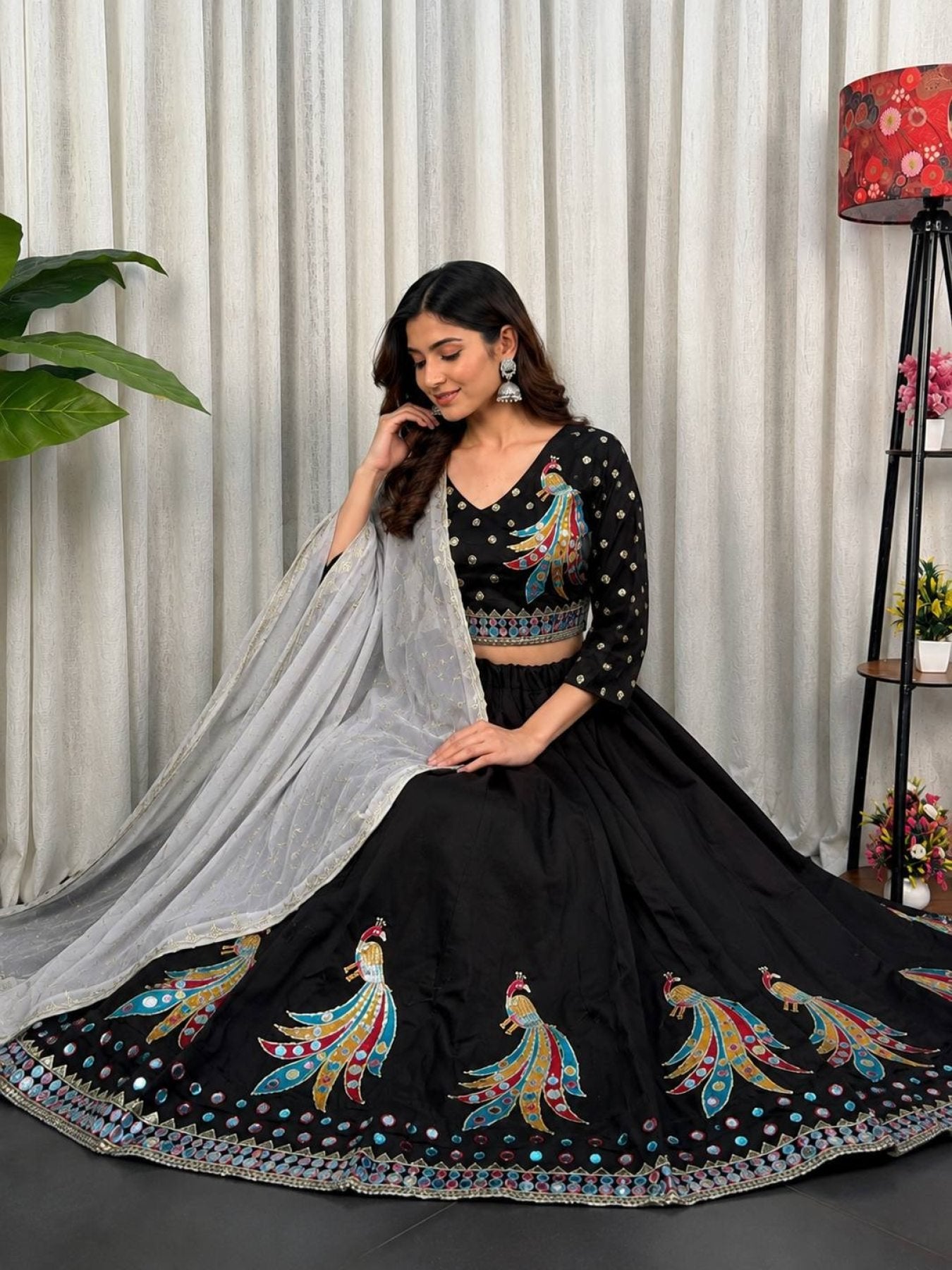 Black Roman Silk Lehenga Choli with Sequins and Foil Mirror Embroidery fabric texture detail