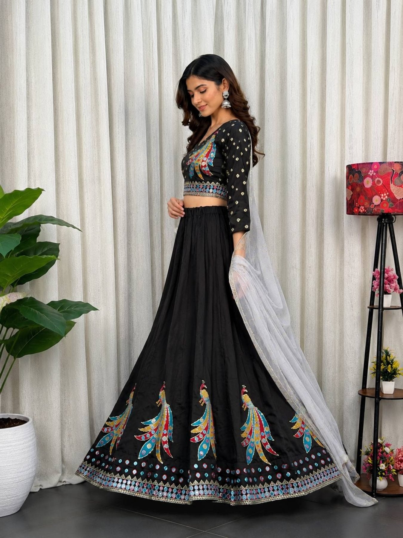 Black Roman Silk Lehenga Choli with Sequins and Foil Mirror Embroidery styling view