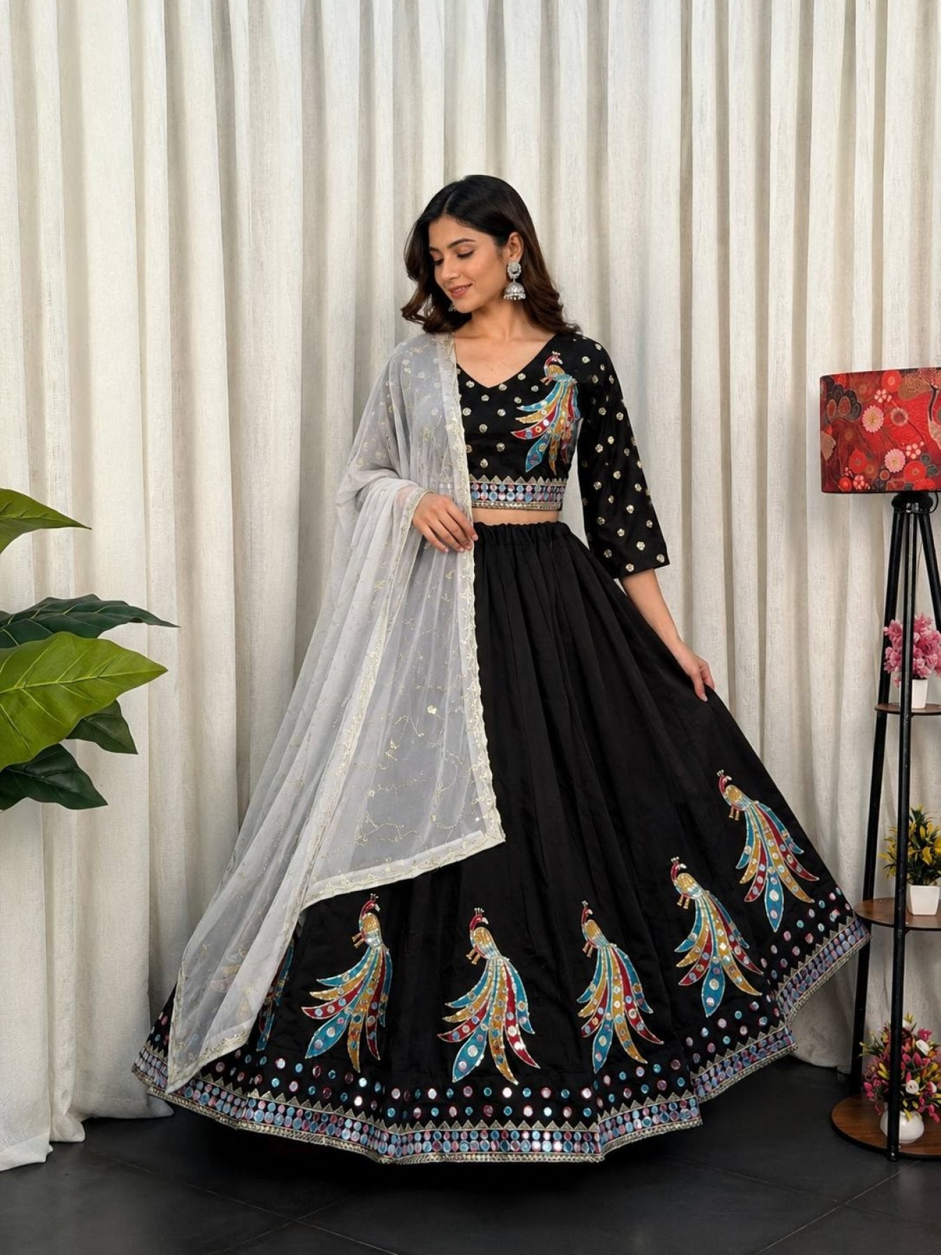 Black Roman Silk Lehenga Choli with Sequins and Foil Mirror Embroidery front view