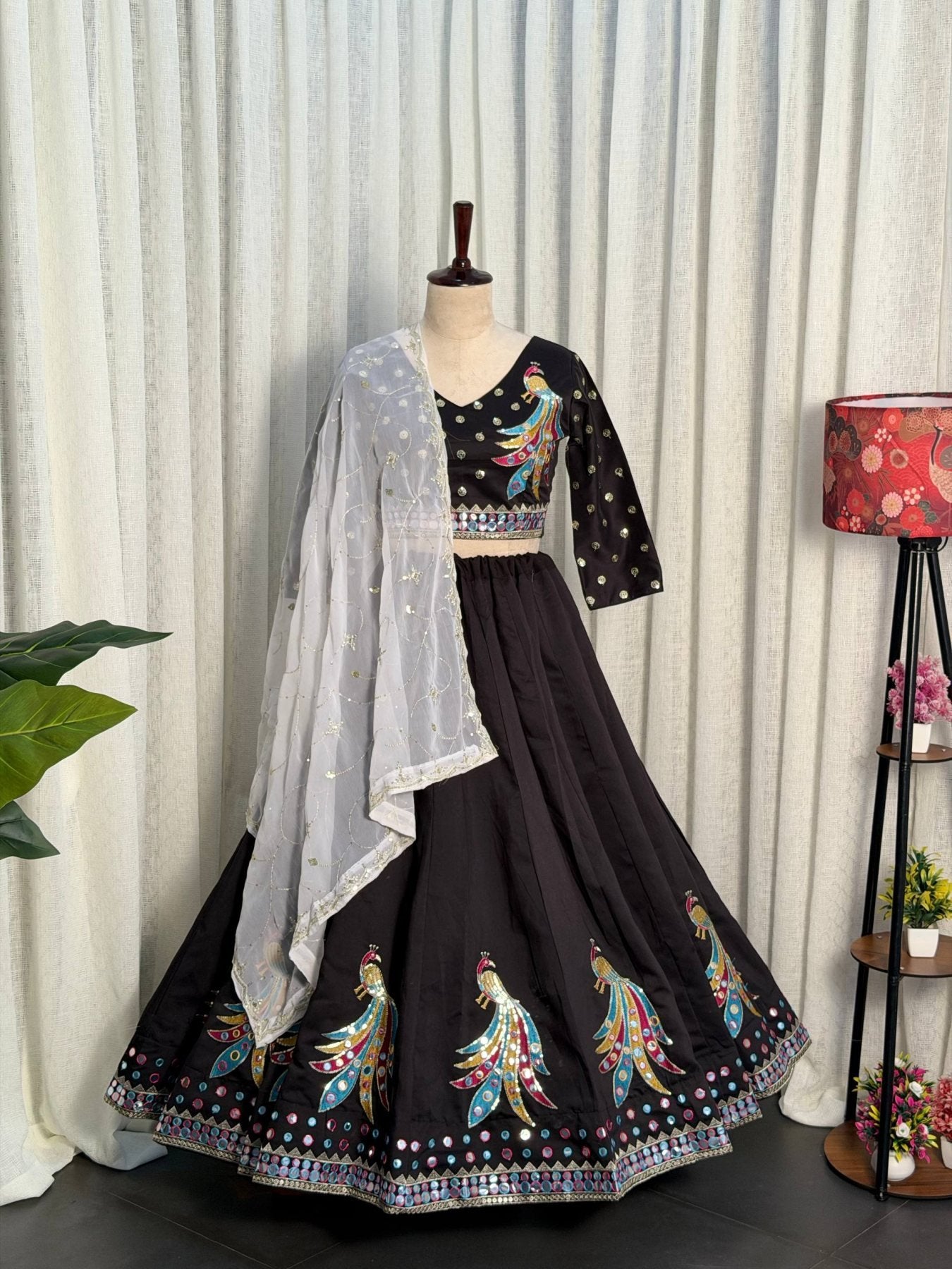 Black Roman Silk Lehenga Choli with Sequins and Foil Mirror Embroidery full drape view