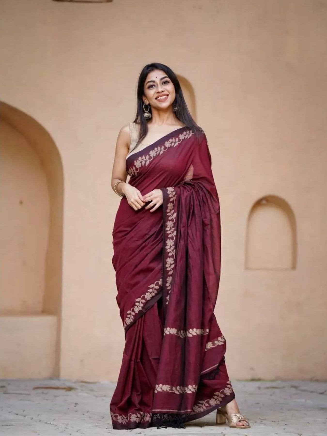 Maroon Cotton Saree for women - full front view | Snyvia