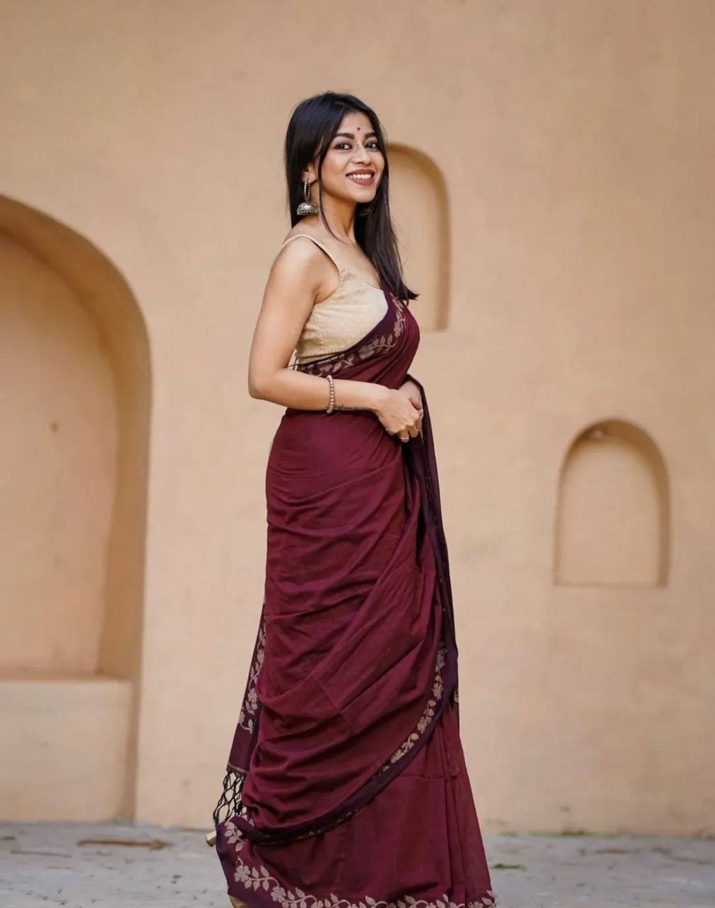 Maroon Cotton Saree - fabric texture close-up