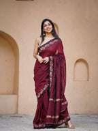 Maroon Cotton Saree - embroidery work detail