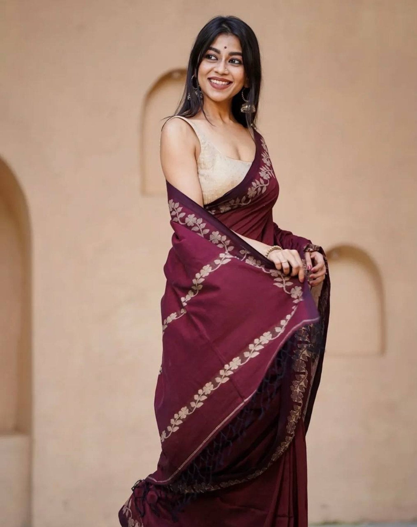 Maroon Cotton Saree - back view