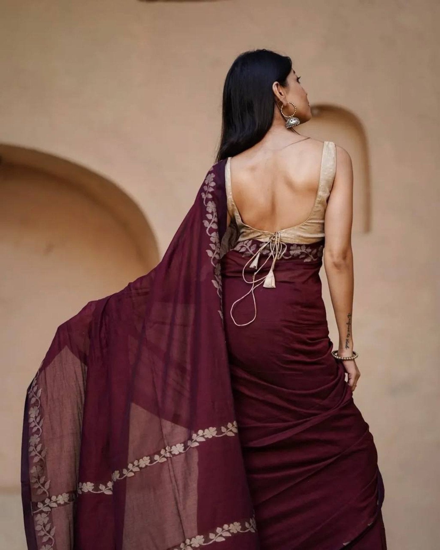 Maroon Cotton Saree - styling and accessories view