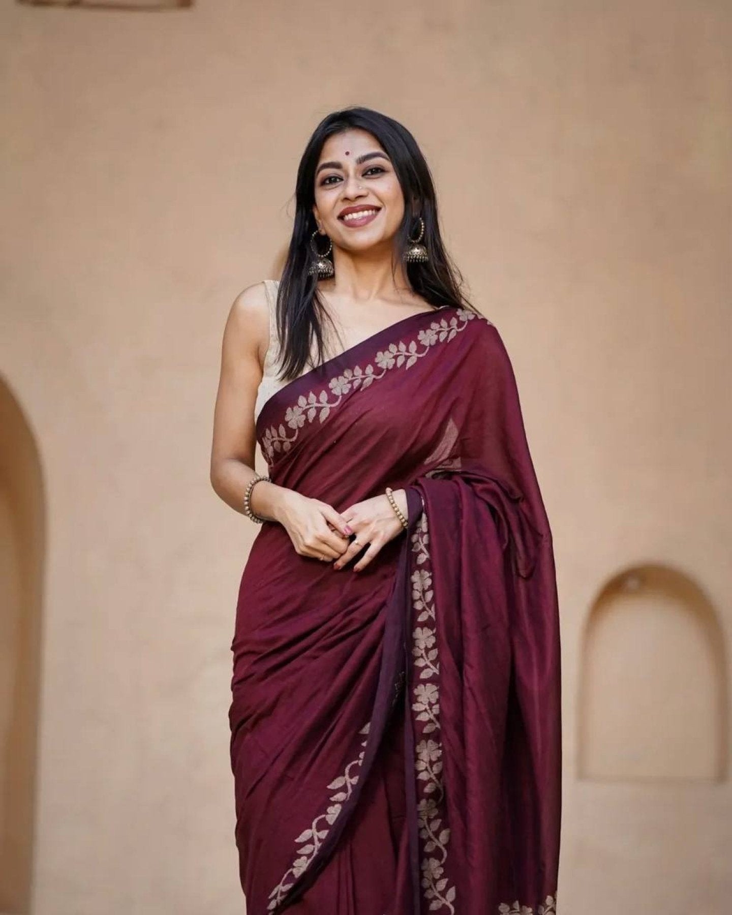 Maroon Cotton Saree - full-length drape