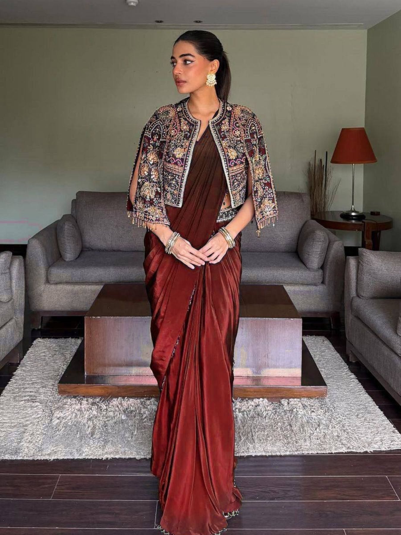 Maroon Lycra Drape Saree with Embroidered Silk Jacket Lehenga full drape view