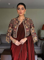 Lycra Drape Saree with Embroidered Silk Jacket Lehenga embroidery close-up