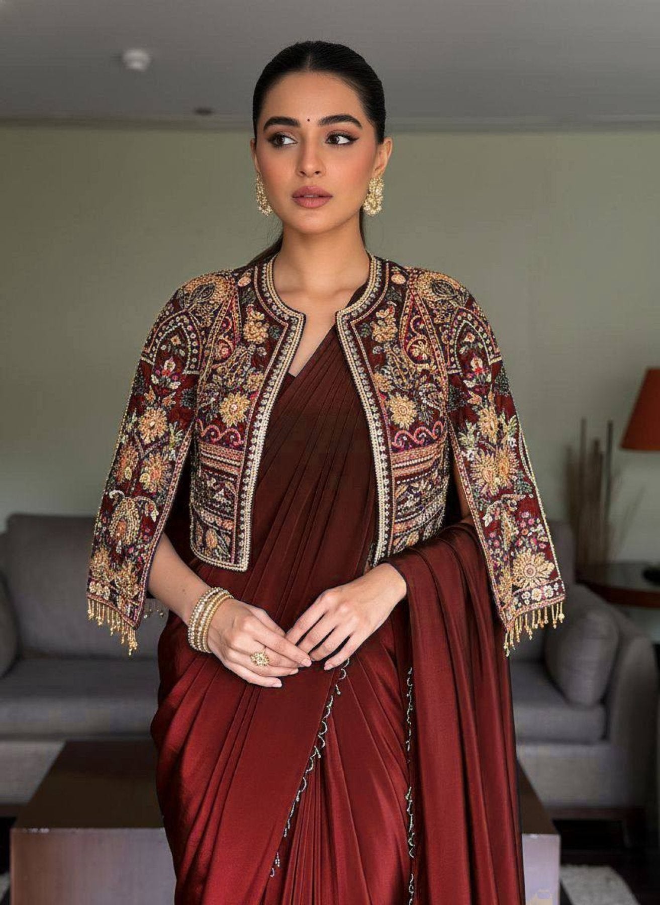 Lycra Drape Saree with Embroidered Silk Jacket Lehenga embroidery close-up