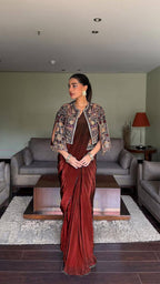 Lycra Drape Saree with Embroidered Silk Jacket Lehenga fabric texture detail
