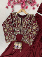 Lycra Drape Saree with Embroidered Silk Jacket Lehenga back view