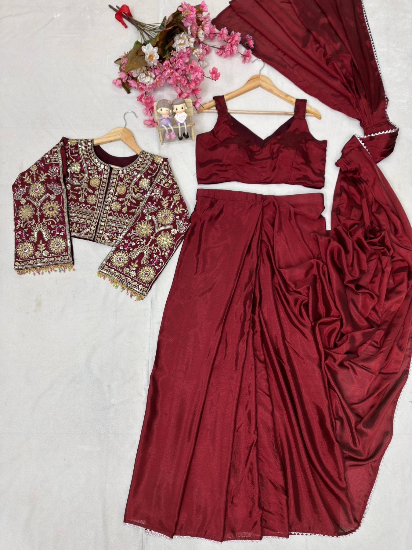 Lycra Drape Saree with Embroidered Silk Jacket Lehenga full drape view