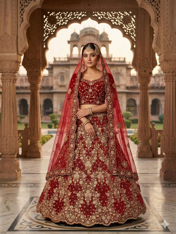 Velvet Bridal Lehenga with Zardozi and Pearl Work at Snyvia