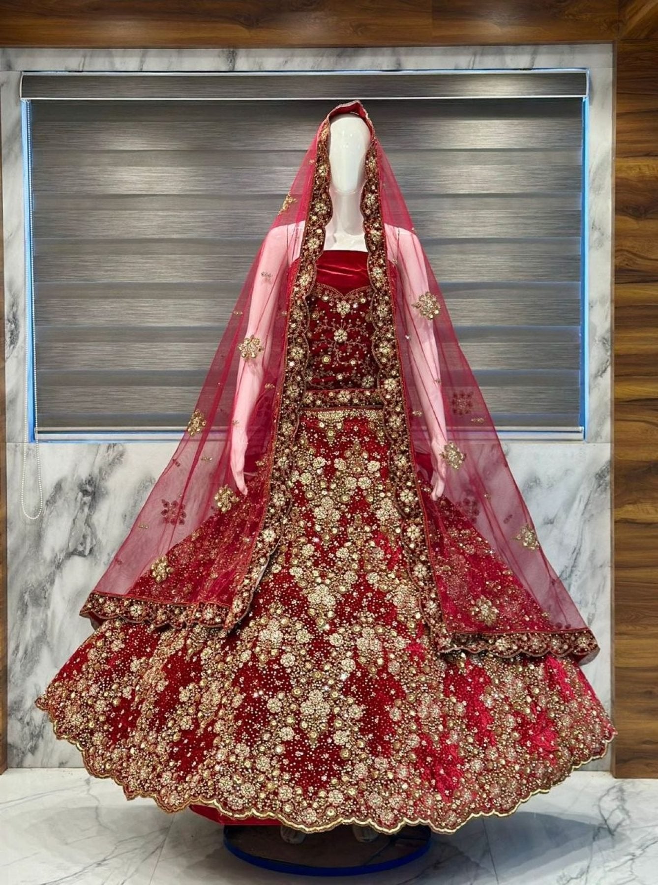 Red Velvet Bridal Lehenga with Zardozi and Pearl Work for Wedding Wear full drape view