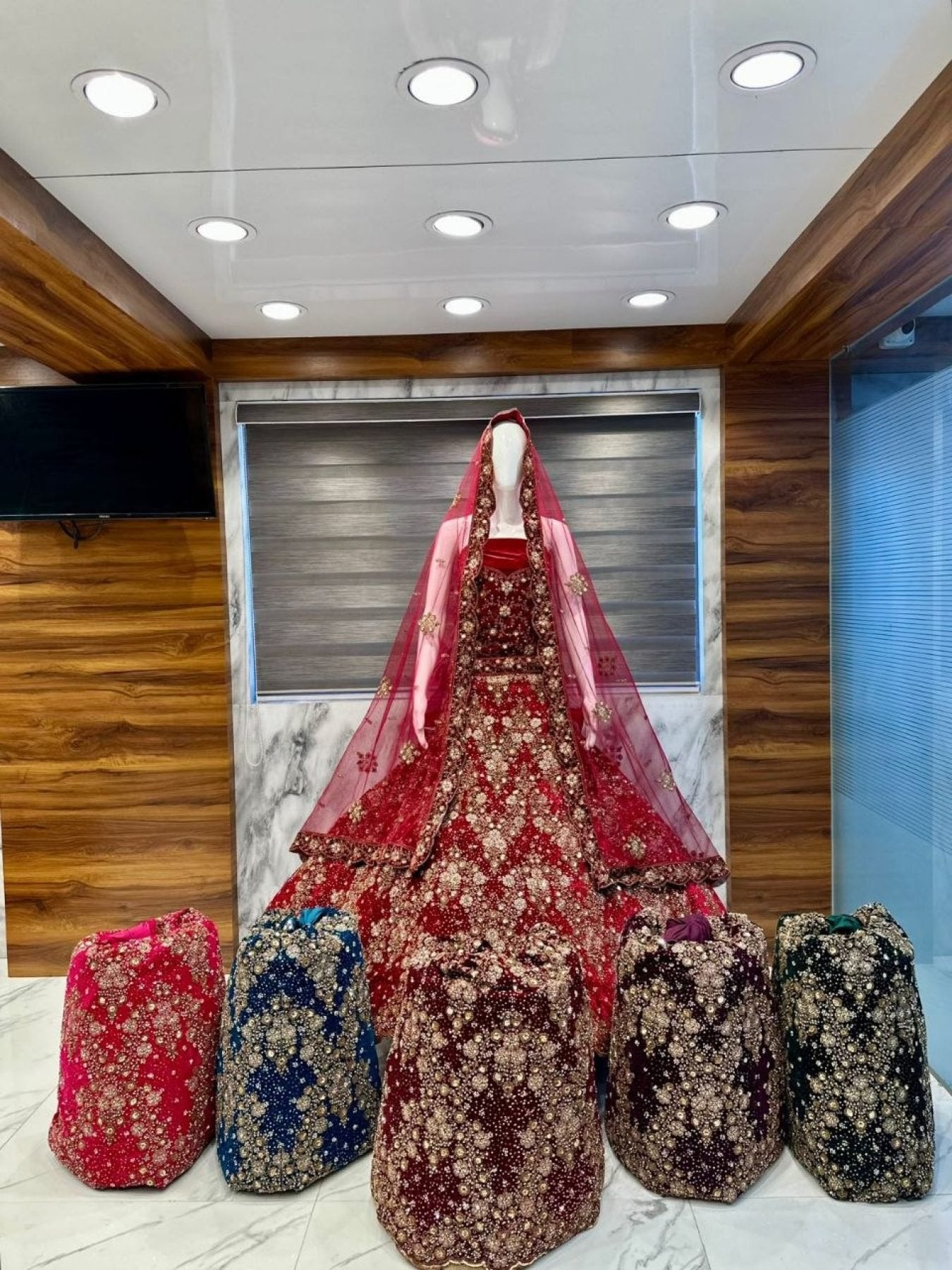 Red Velvet Bridal Lehenga with Zardozi and Pearl Work for Wedding Wear blouse and dupatta detail
