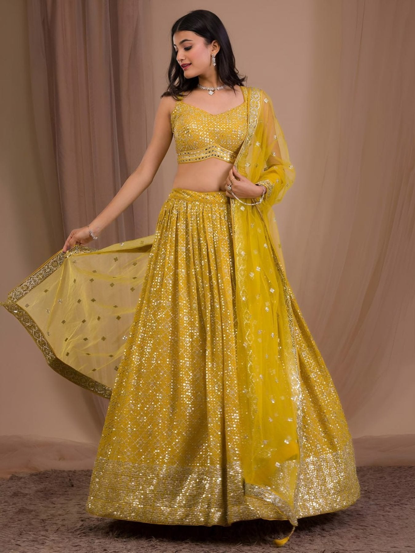 Georgette Lehenga Choli with Zari and Multiple Sequins Embroidery Work styling view