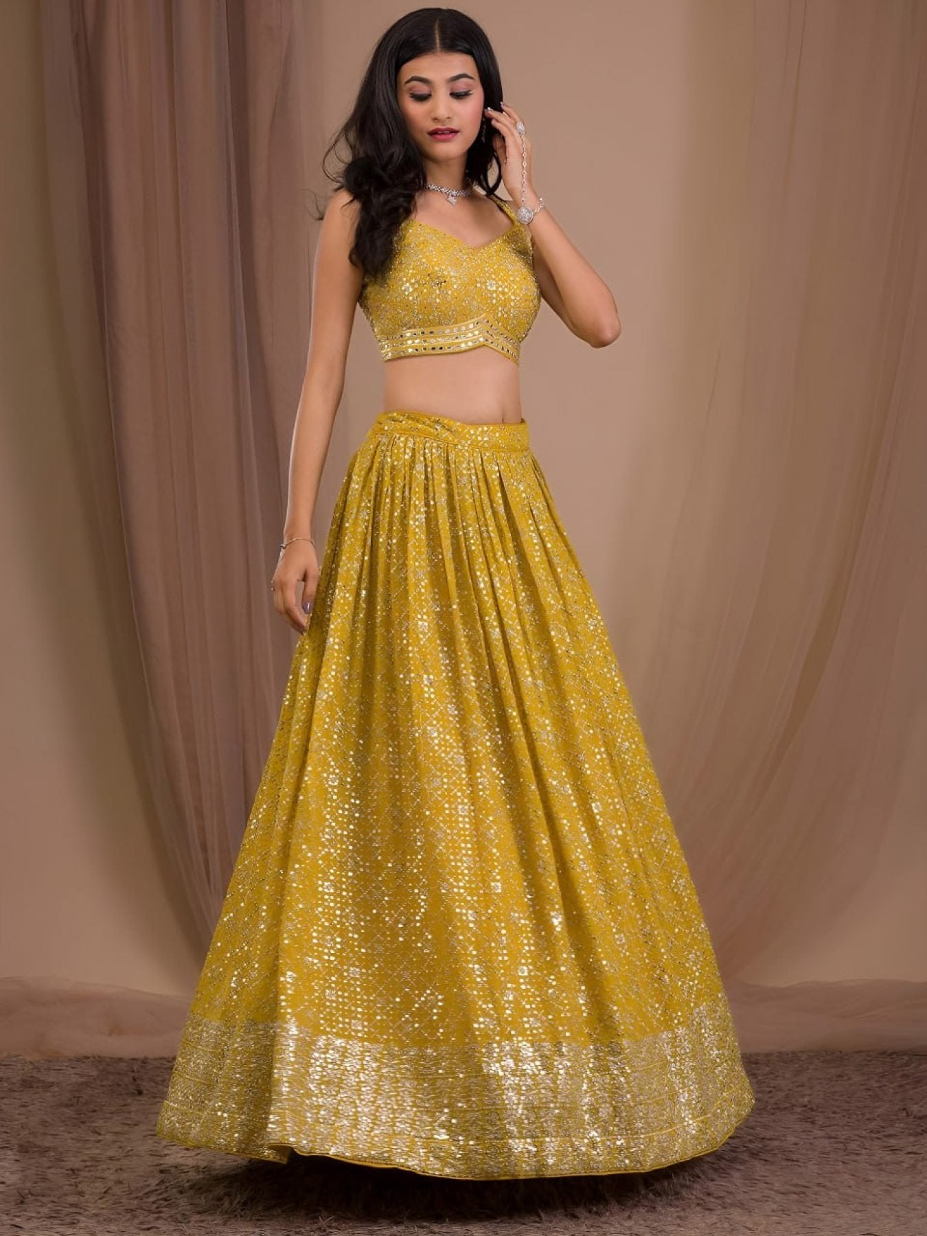 Georgette Lehenga Choli with Zari and Multiple Sequins Embroidery Work front view