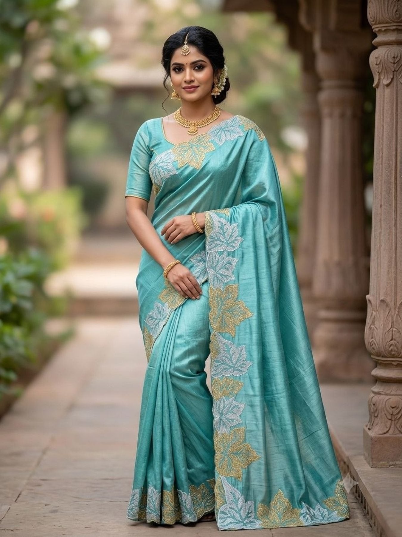Silver Vichitra Saree - drape and pallu detail