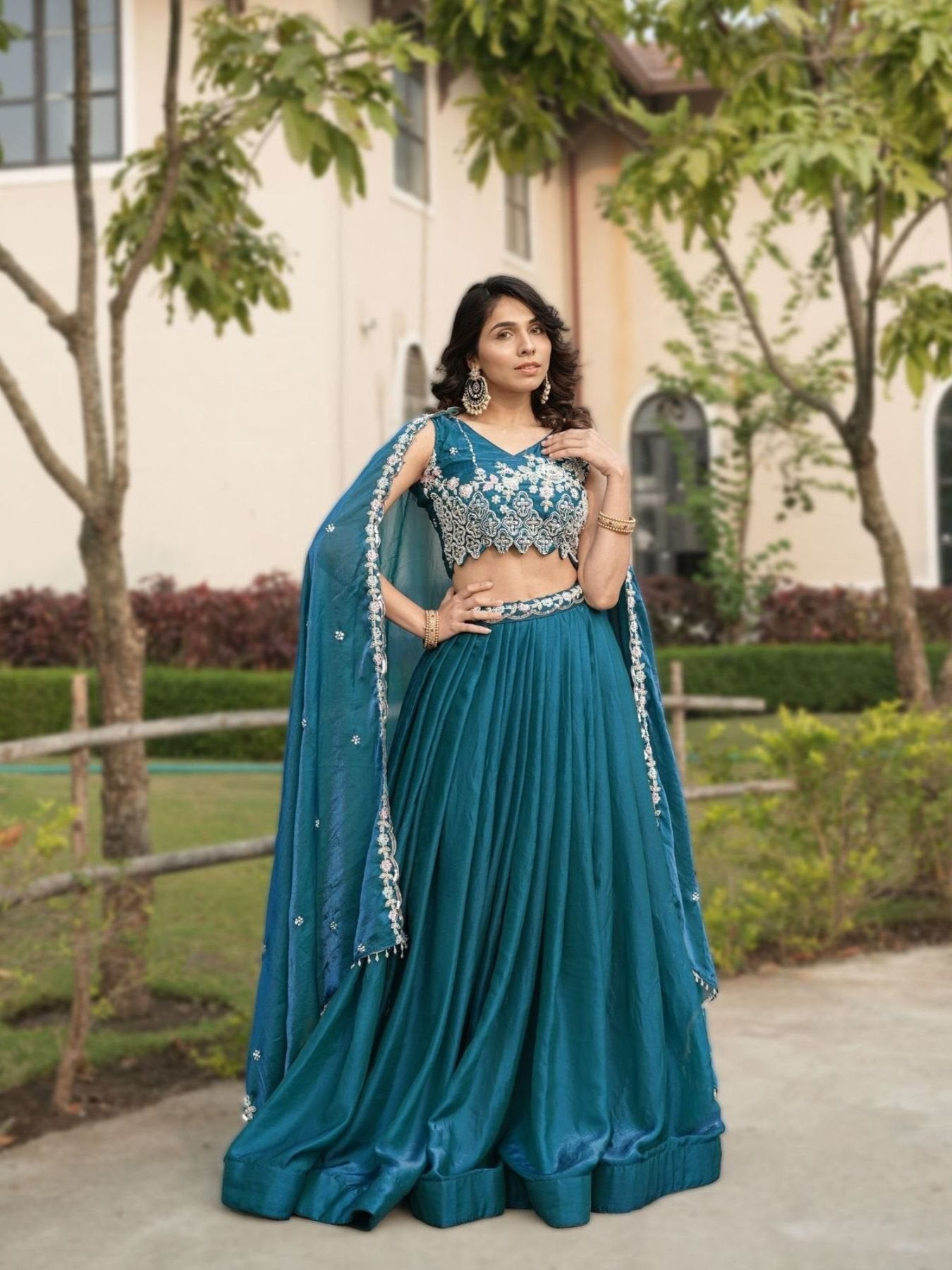 Fendi Silk Lehenga Choli with White Beads Work for Wedding Wear fabric texture detail