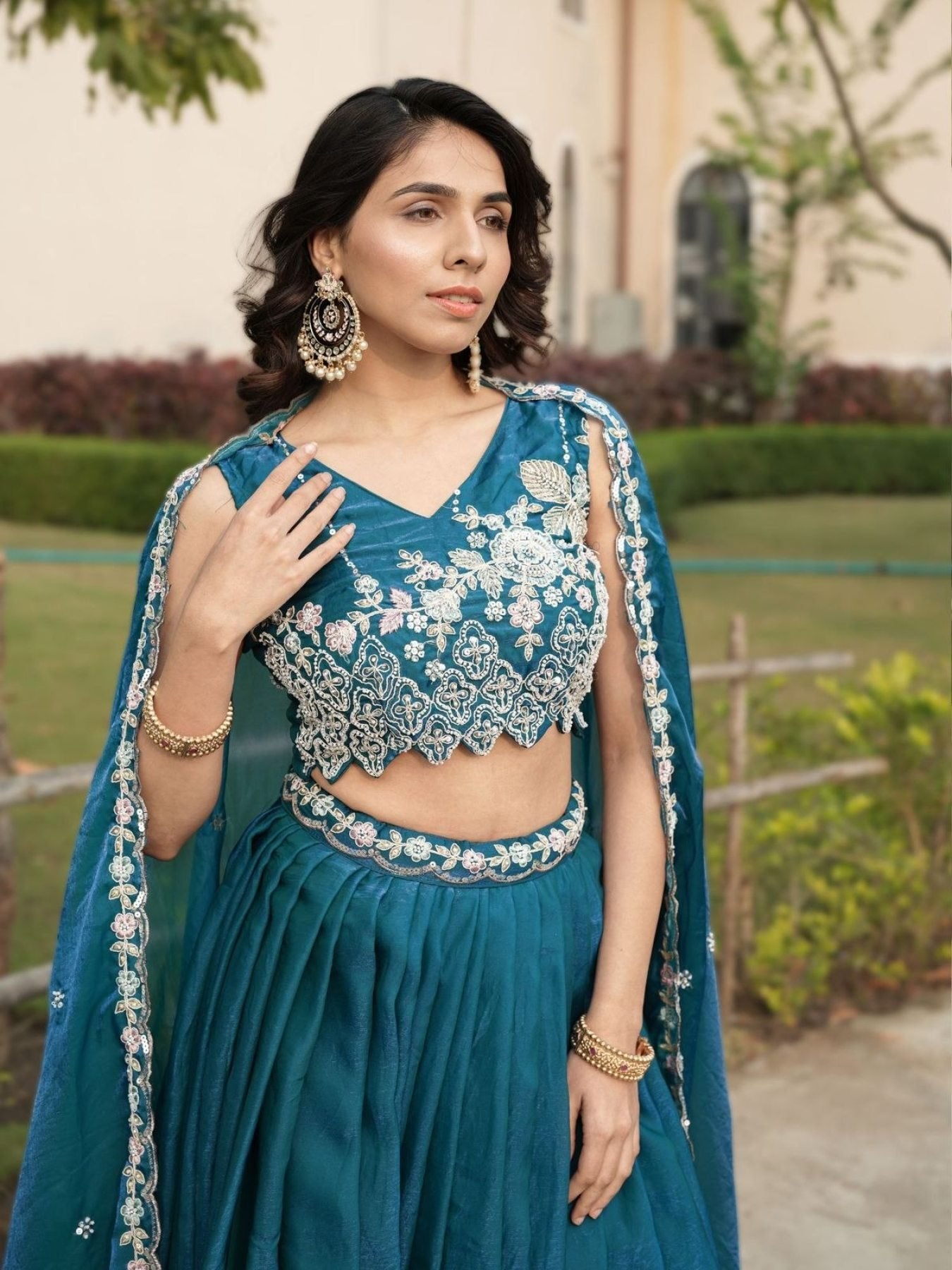 Fendi Silk Lehenga Choli with White Beads Work for Wedding Wear full drape view