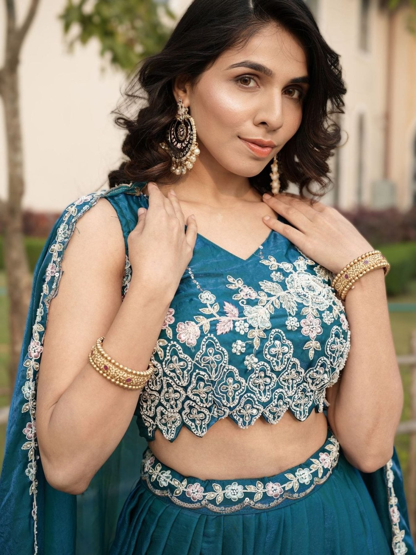 Fendi Silk Lehenga Choli with White Beads Work for Wedding Wear blouse and dupatta detail
