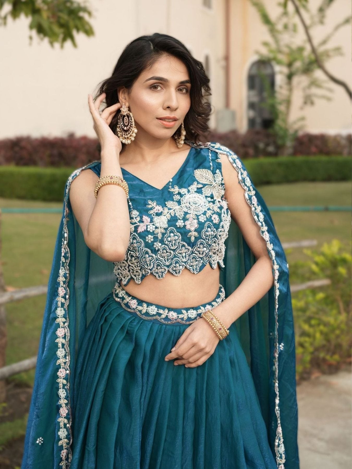 Fendi Silk Lehenga Choli with White Beads Work for Wedding Wear fabric texture detail