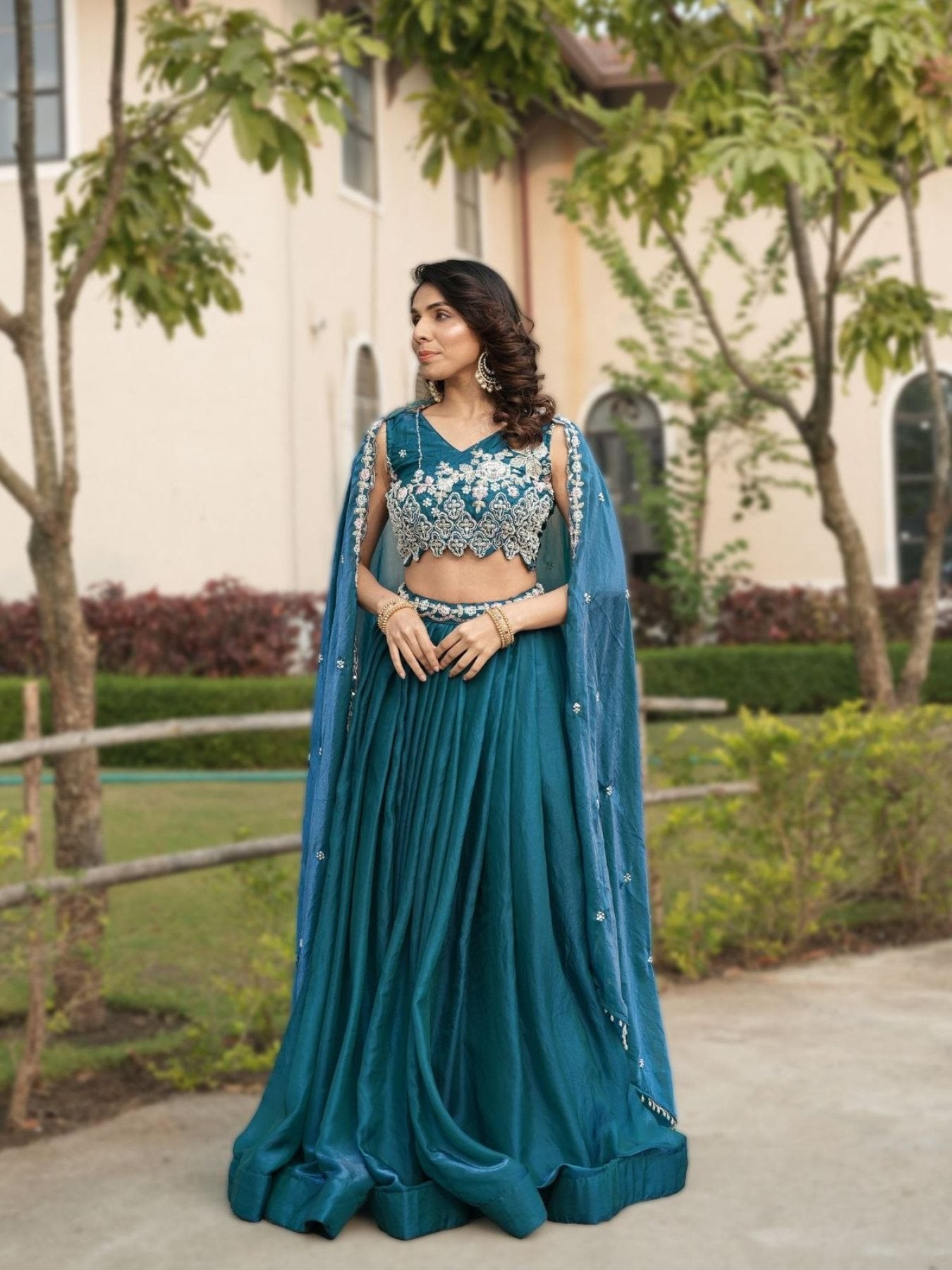 Fendi Silk Lehenga Choli with White Beads Work for Wedding Wear back view