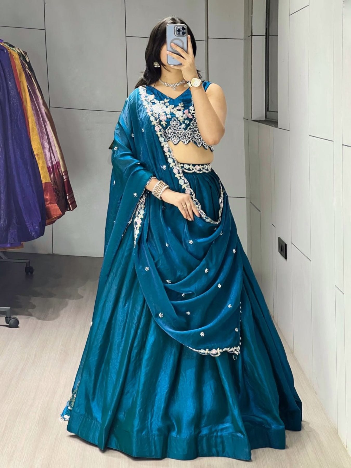 Fendi Silk Lehenga Choli with White Beads Work for Wedding Wear styling view
