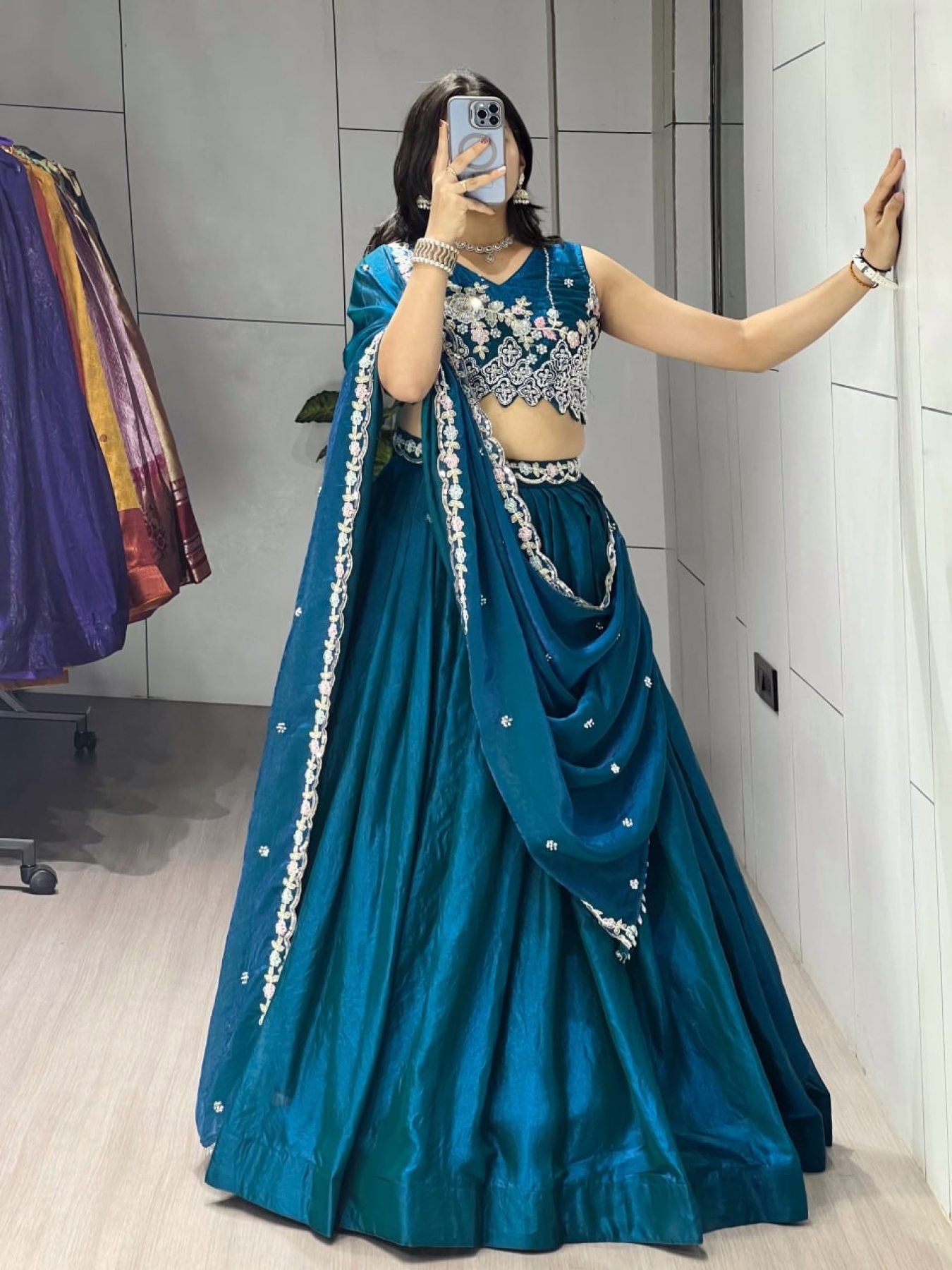 Fendi Silk Lehenga Choli with White Beads Work for Wedding Wear colour variant view