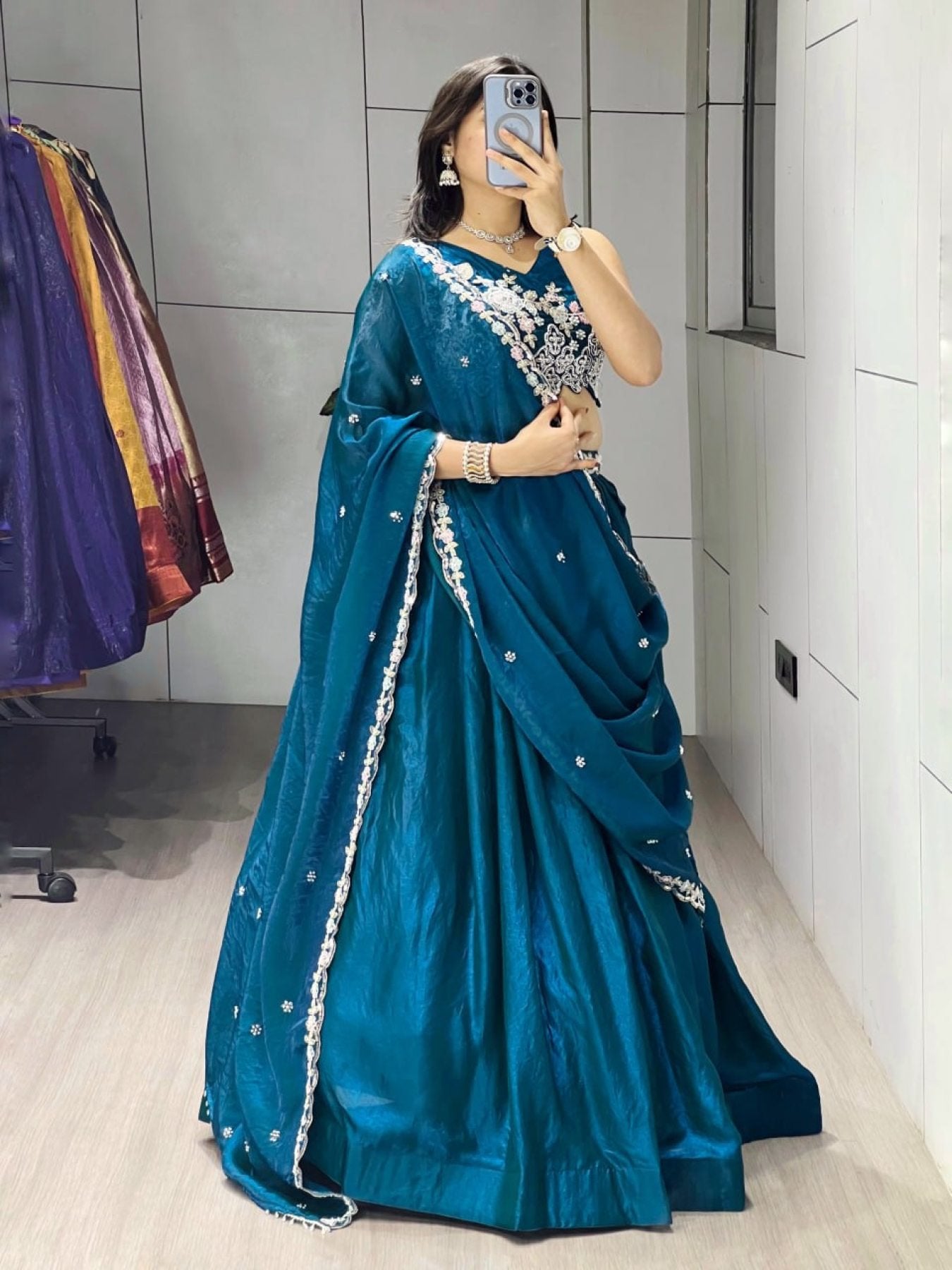 Fendi Silk Lehenga Choli with White Beads Work for Wedding Wear front view