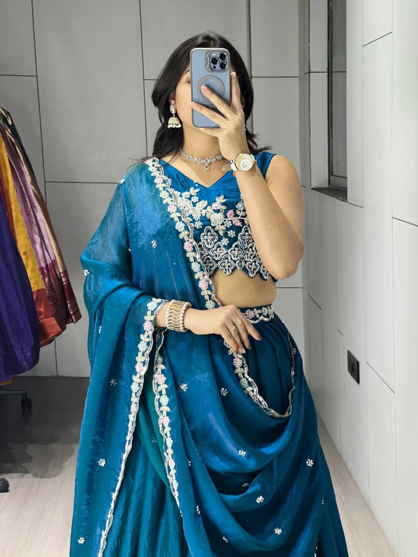 Fendi Silk Lehenga Choli with White Beads Work for Wedding Wear blouse and dupatta detail