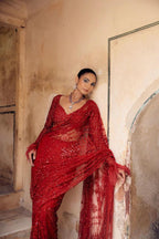 Red Net Saree - drape and pallu detail